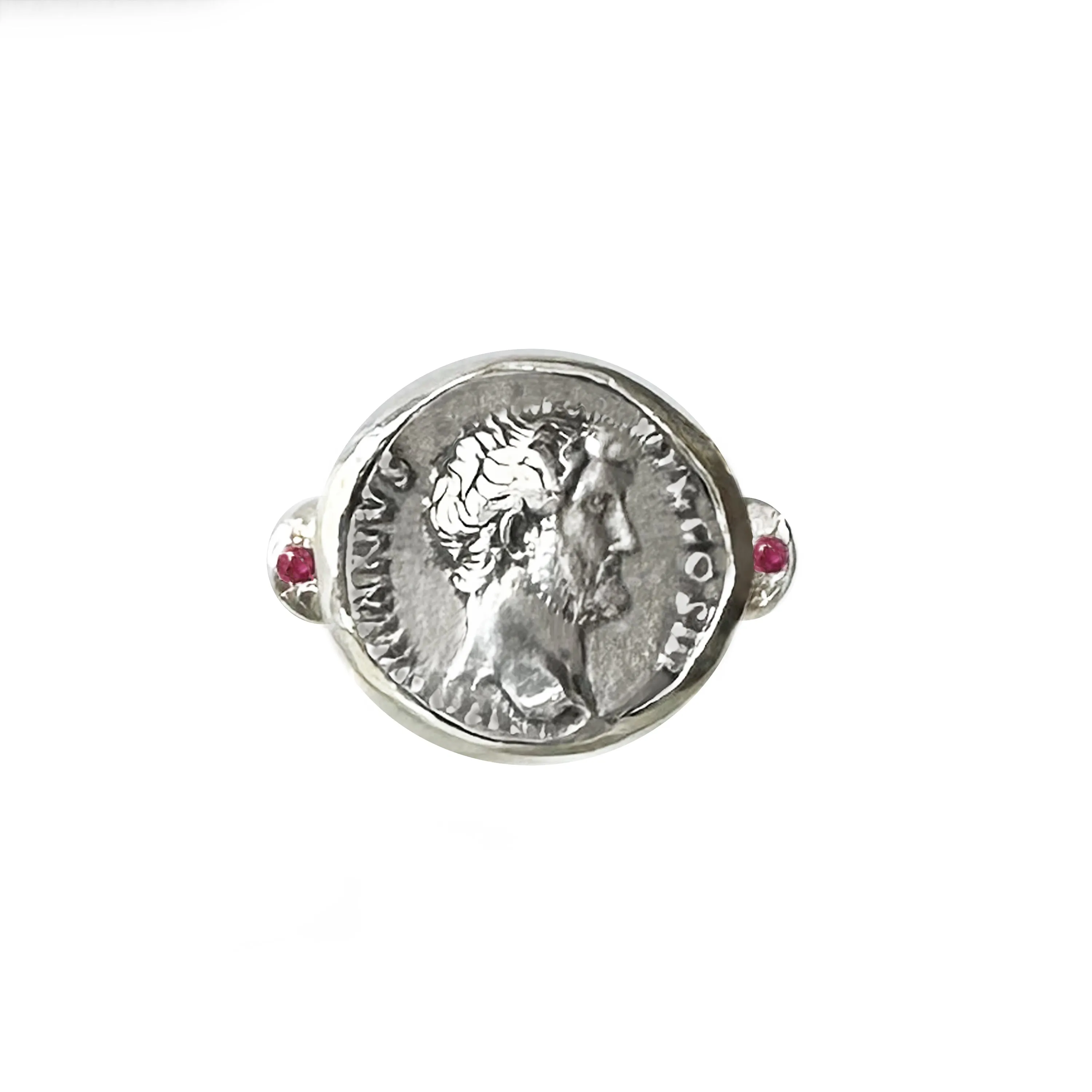 Authentic Ancient Roman Coin 2nd cent. AD Silver ring with rubies depicting Emperor Hadrian