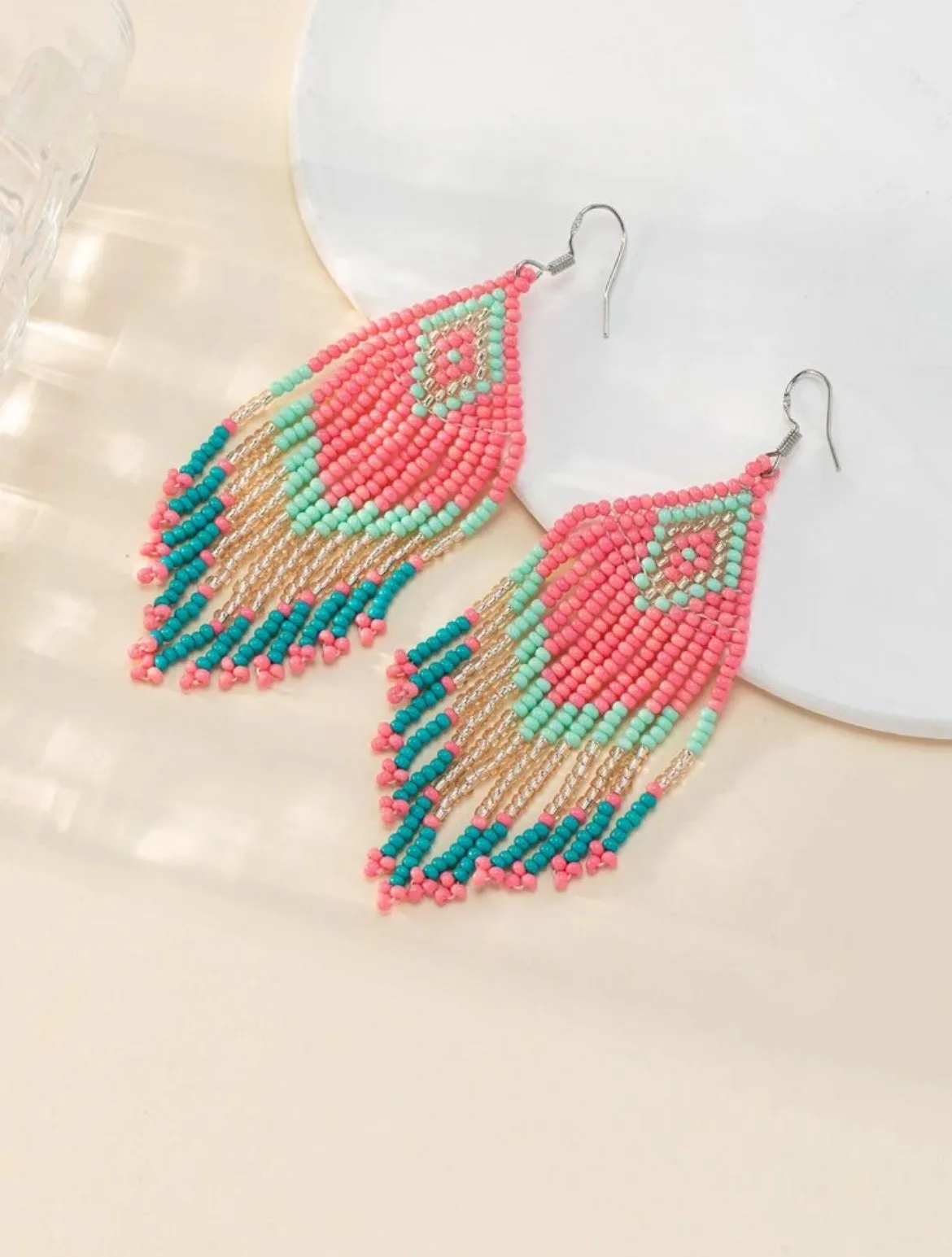 Beautiful Pink and Blue Beaded Tassel Earrings