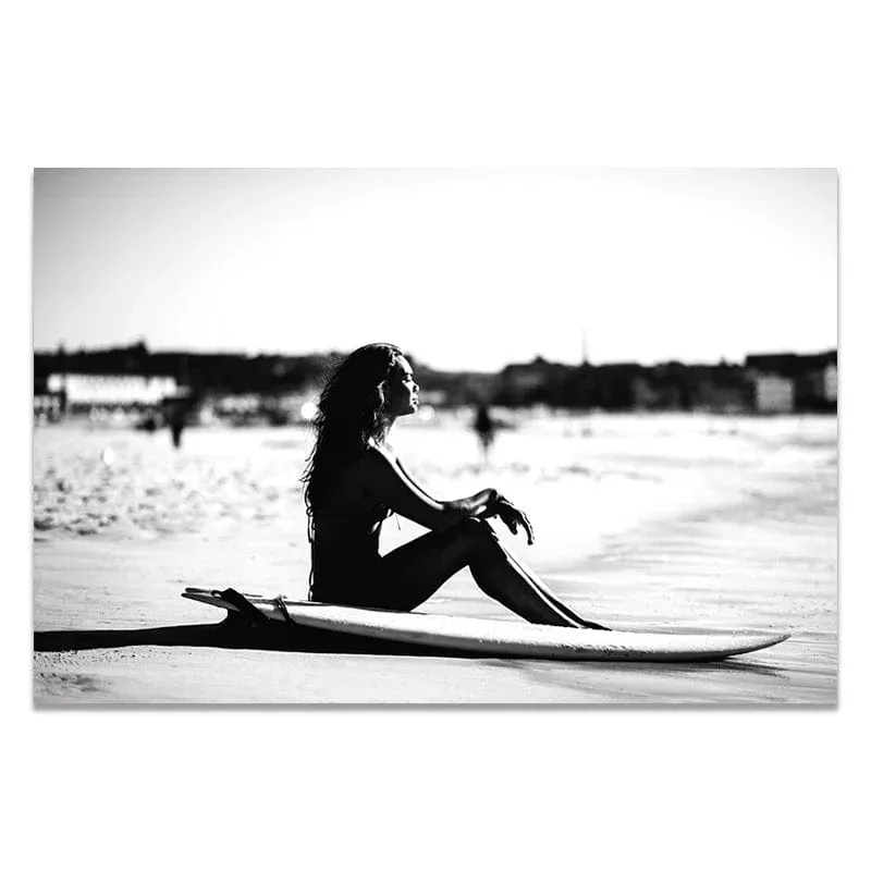 Black and White Seascape Surfing Canvas Print | Beach Girl Surfboard Painting | Tropical Palm Landscape Wall Art for Home Décor