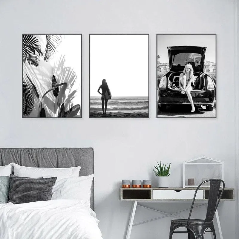 Black and White Seascape Surfing Canvas Print | Beach Girl Surfboard Painting | Tropical Palm Landscape Wall Art for Home Décor