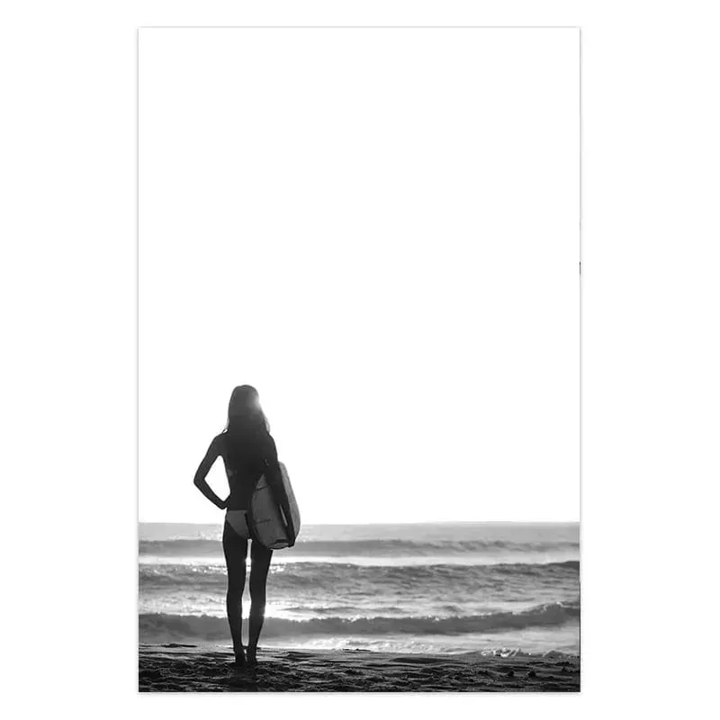 Black and White Seascape Surfing Canvas Print | Beach Girl Surfboard Painting | Tropical Palm Landscape Wall Art for Home Décor