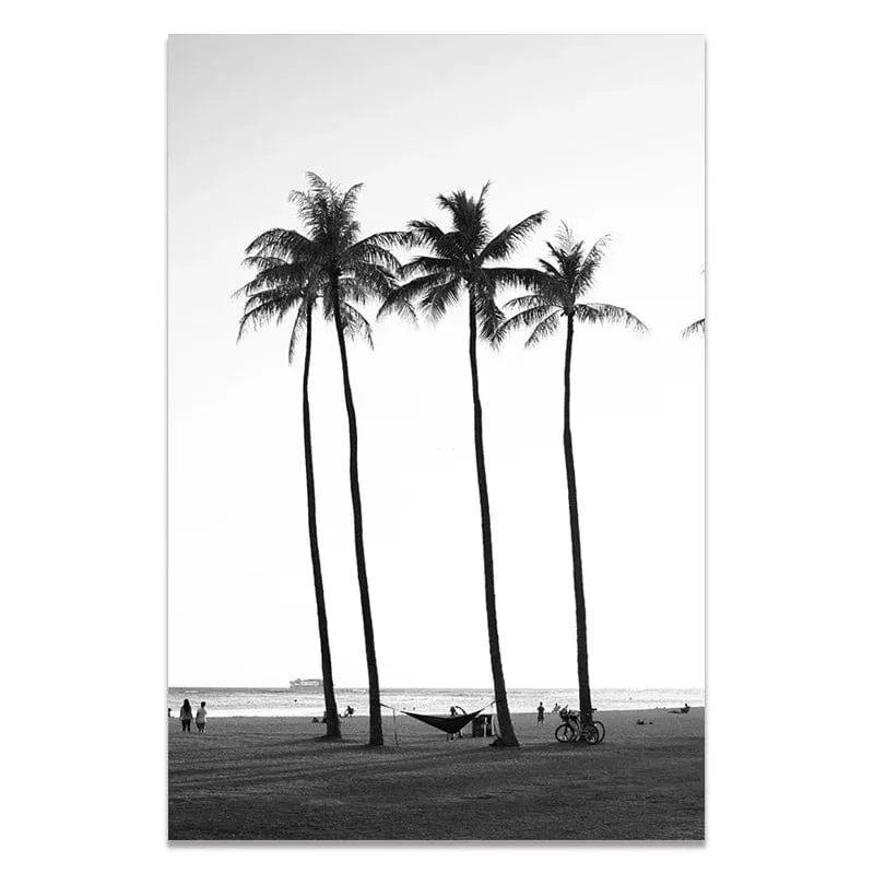 Black and White Seascape Surfing Canvas Print | Beach Girl Surfboard Painting | Tropical Palm Landscape Wall Art for Home Décor