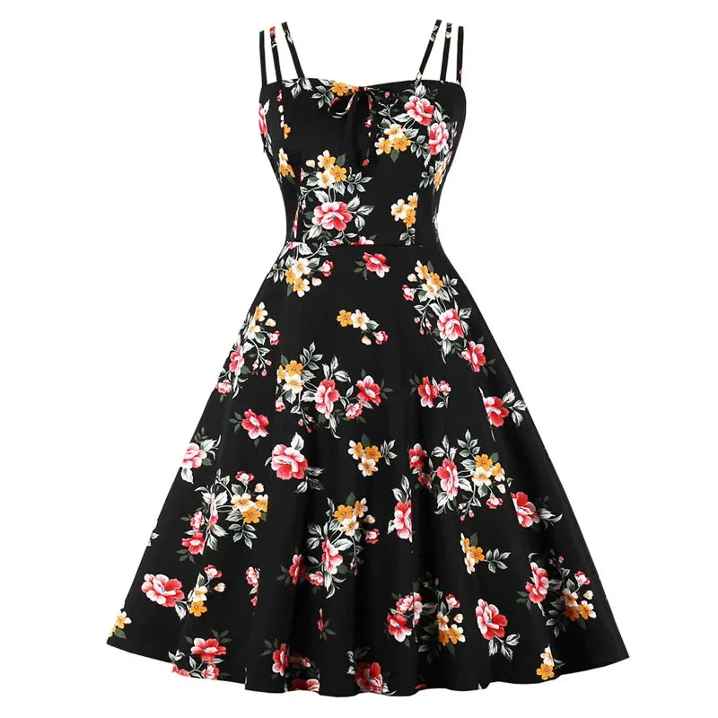 Bow Vintage Floral Party Cami Dress, Spaghetti Strap Cotton Retro Dress