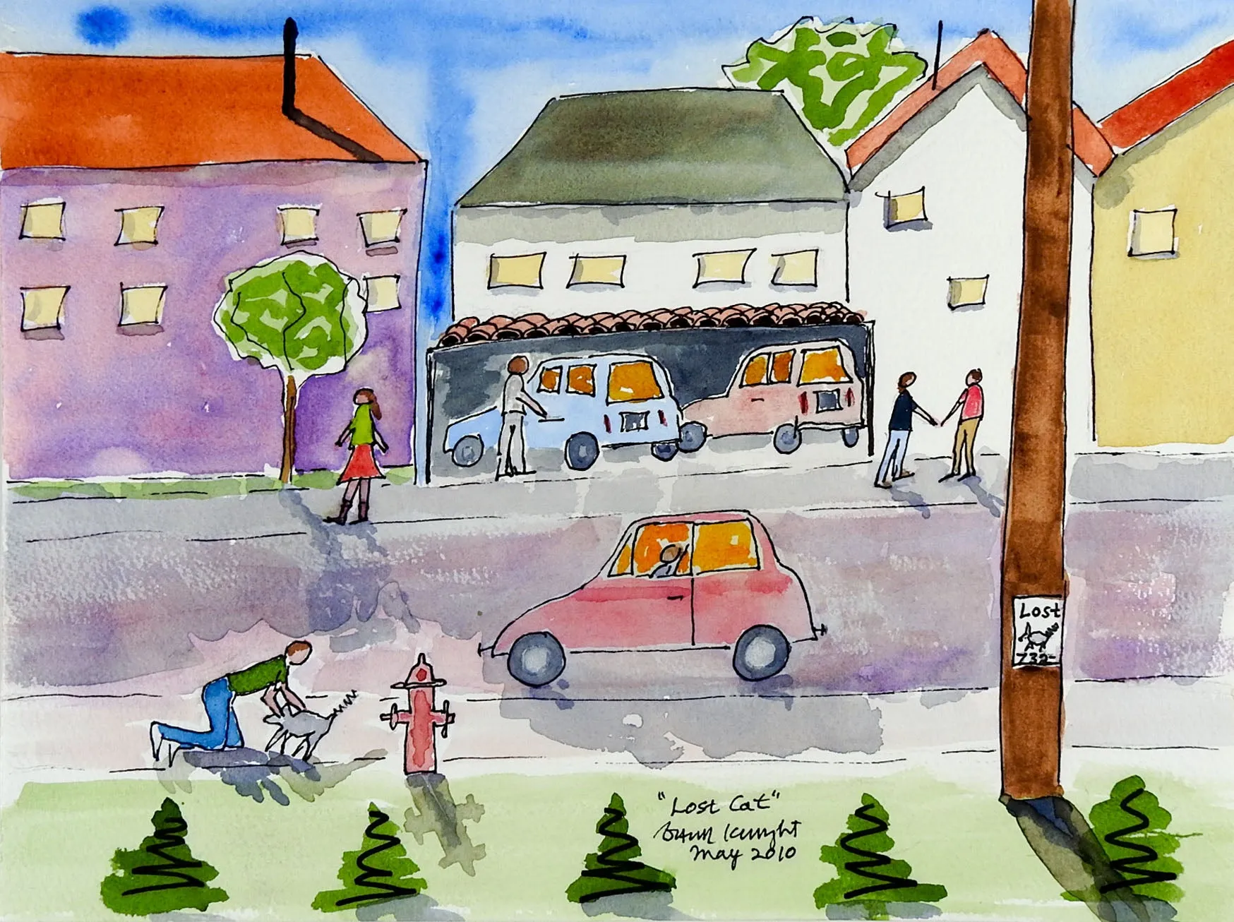 Busy Neighborhood Watercolor Painting