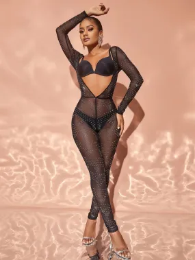 Chic Rhinestone Detail Plunging Neck Jumpsuit