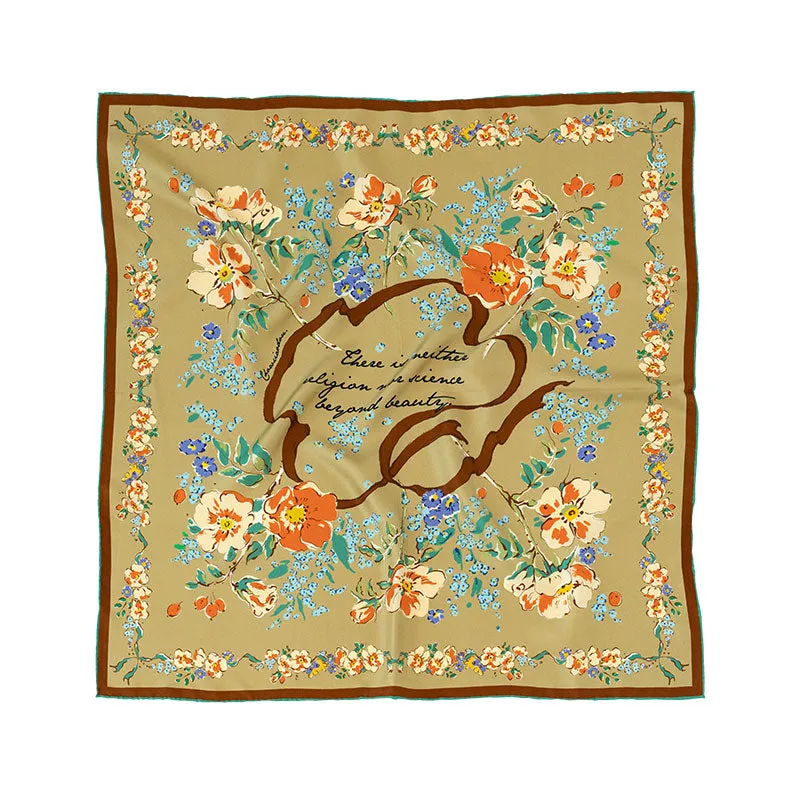 Chowxiaodou Rose Print Twill Silk Small Square Scarf-Yellow