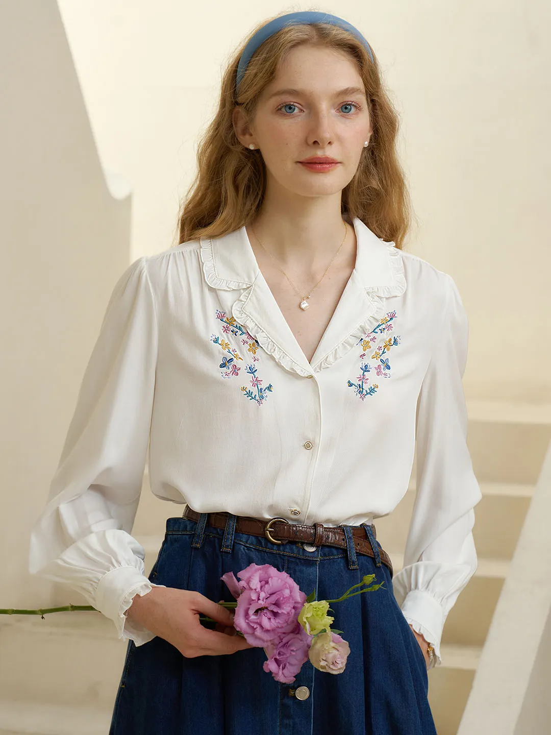 Convallaria Floral Embroidered White Puff Top