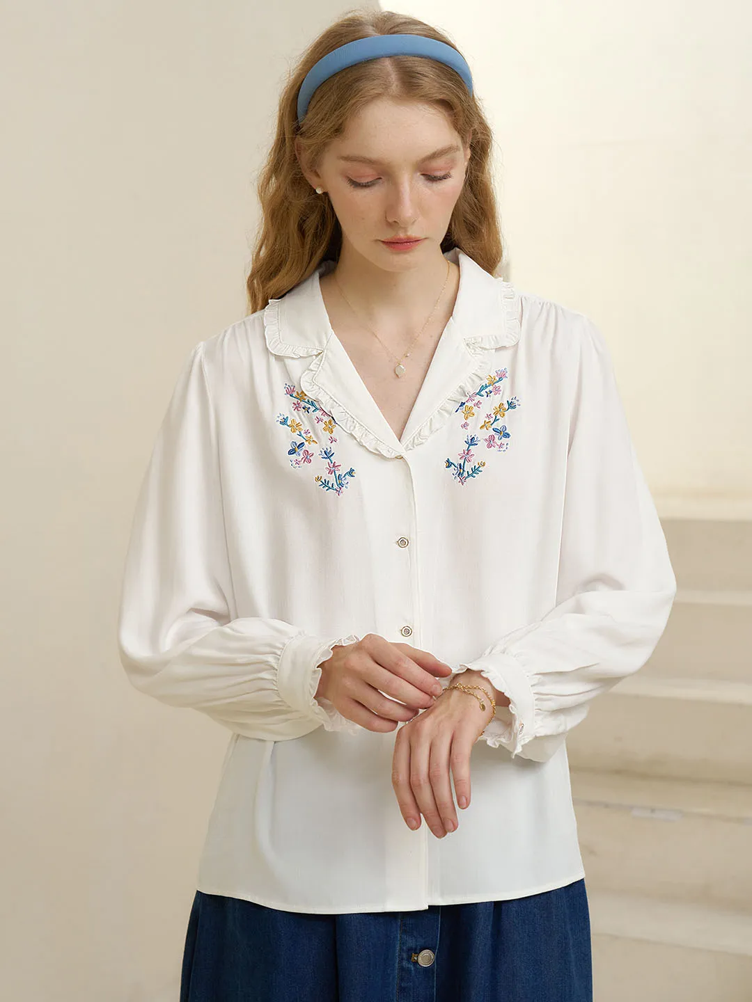 Convallaria Floral Embroidered White Puff Top