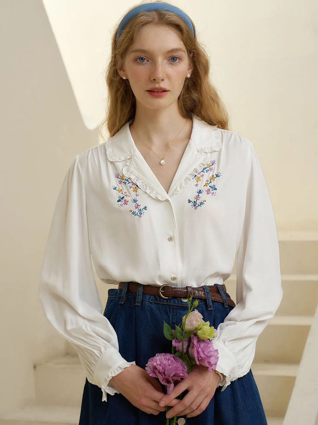 Convallaria Floral Embroidered White Puff Top