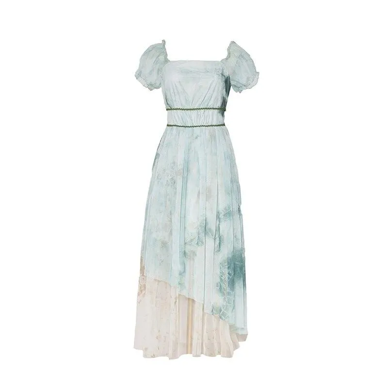 Elsie Maxi Dress Vintage Elegant Slim Puff Sleeve Tie Dye Mesh Dress Square Collar Light Green Dress