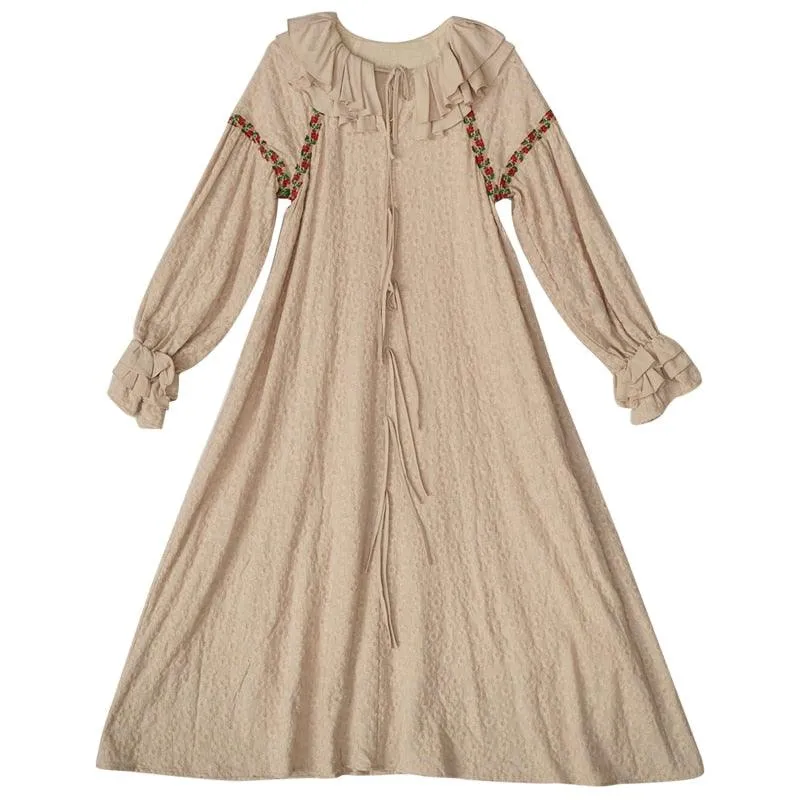 Elsie Mori Girls Elegant Luxury Embroidery Long Dress Ruffled Collar Casual Loose Cotton Dress