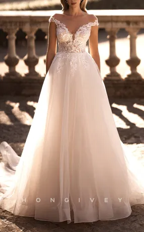 H1085 - Classic & Timeless Plunging Illusion Appliques Empire A-Line Tulle Boho Wedding Dress