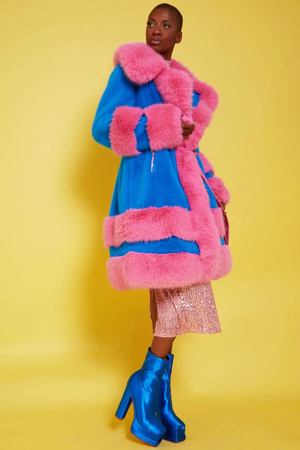 Handmade Bamboo Pink - Blue Faux Fur Coat