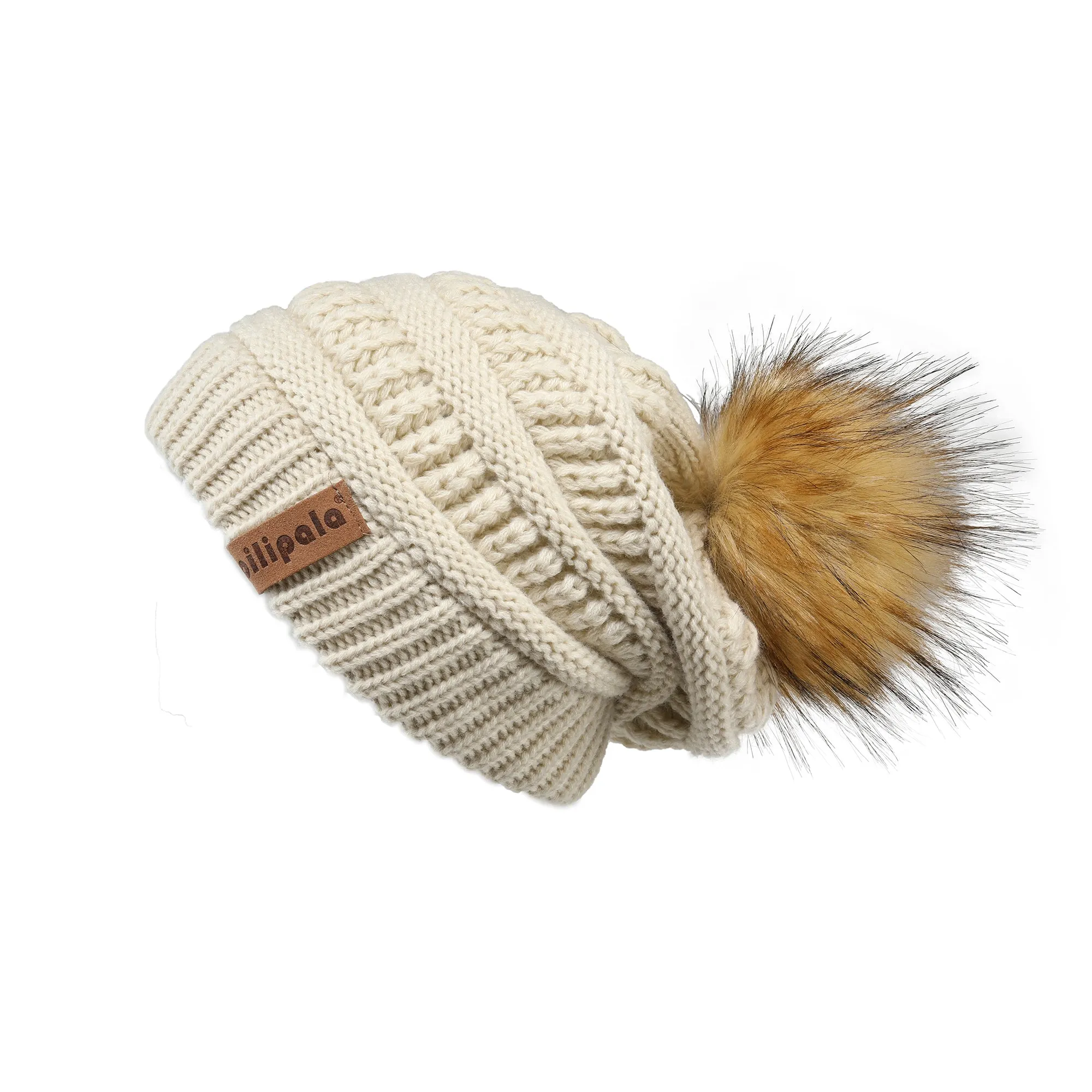 Knit Beanie Hat Faux Fur Pom Caps