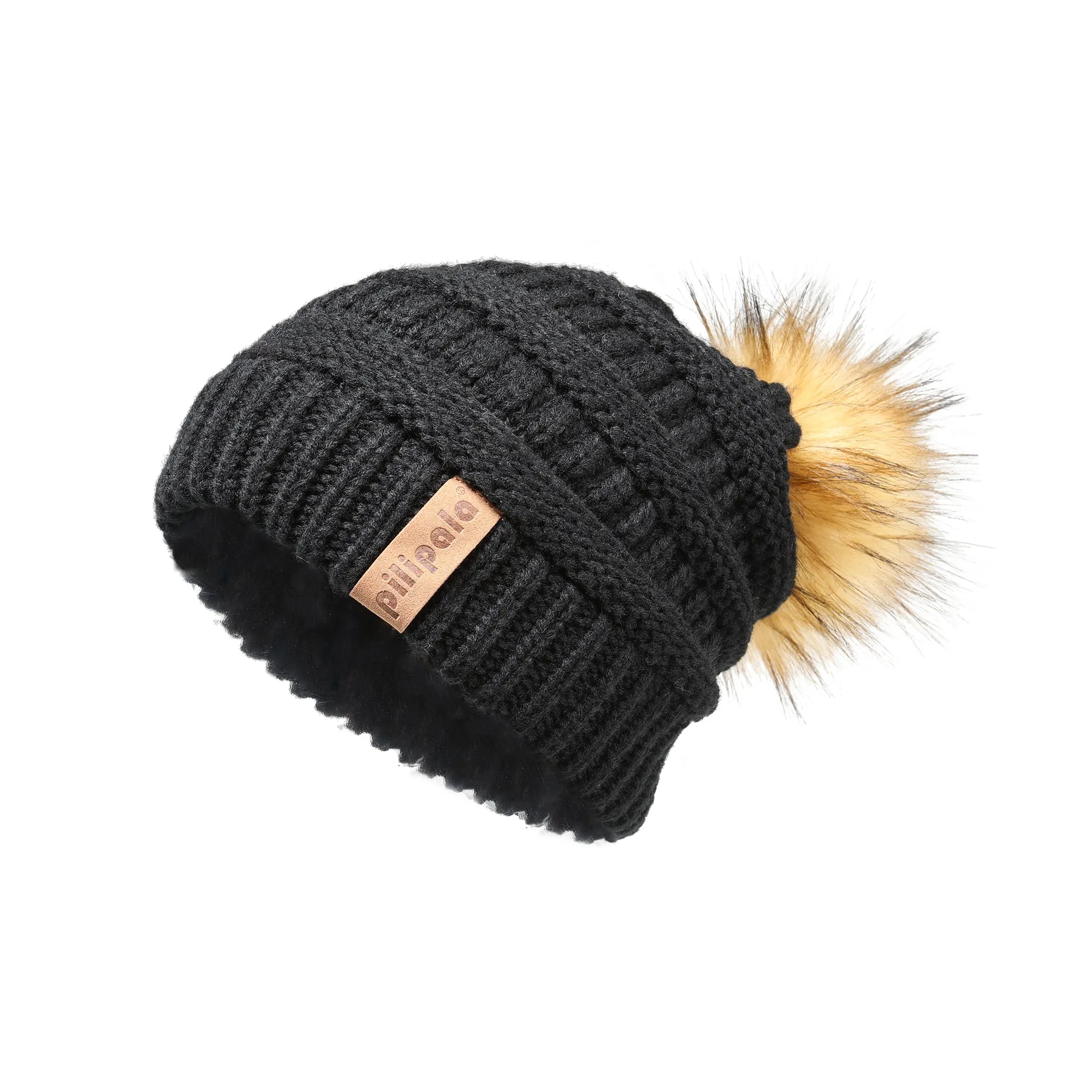 Knit Beanie Hat Faux Fur Pom Caps