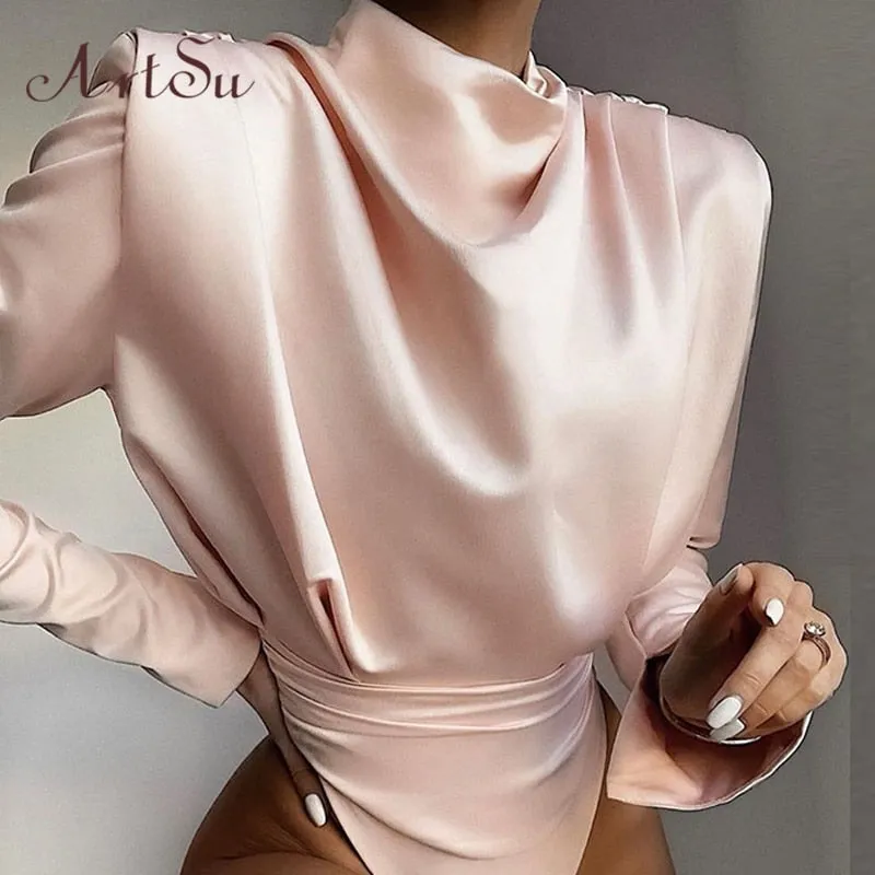 New !! 2021 Spring Satin Blouse Long Sleeve Bodysuit Sizes S - XL