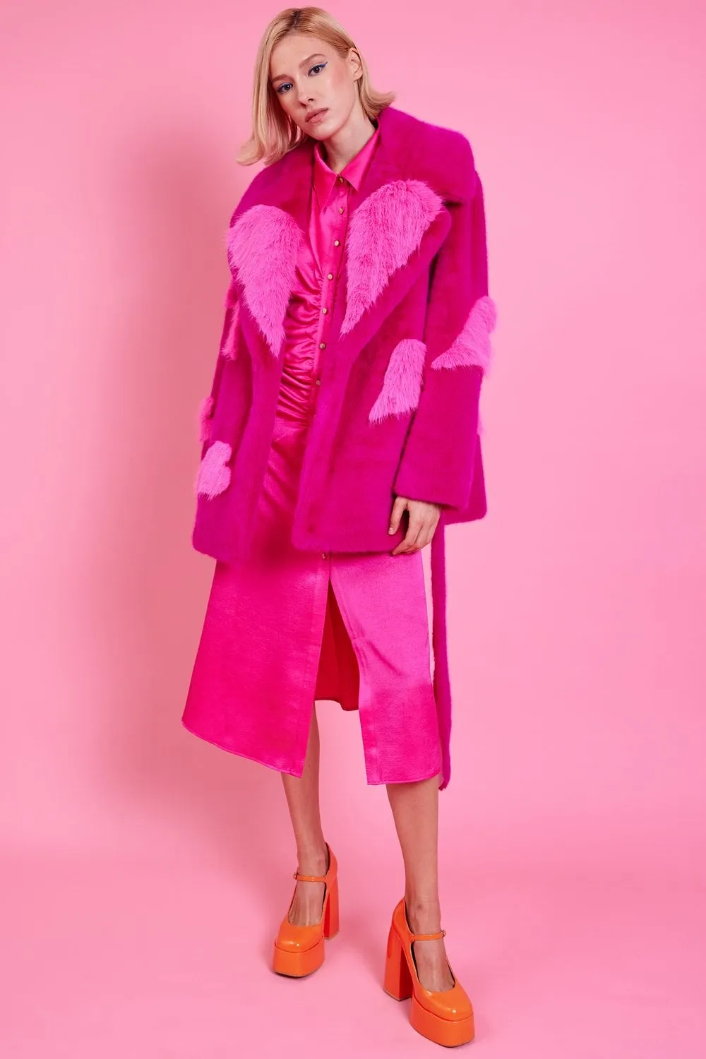 Pink Eco Bamboo Faux Fur Coat with Love Heart Detailing