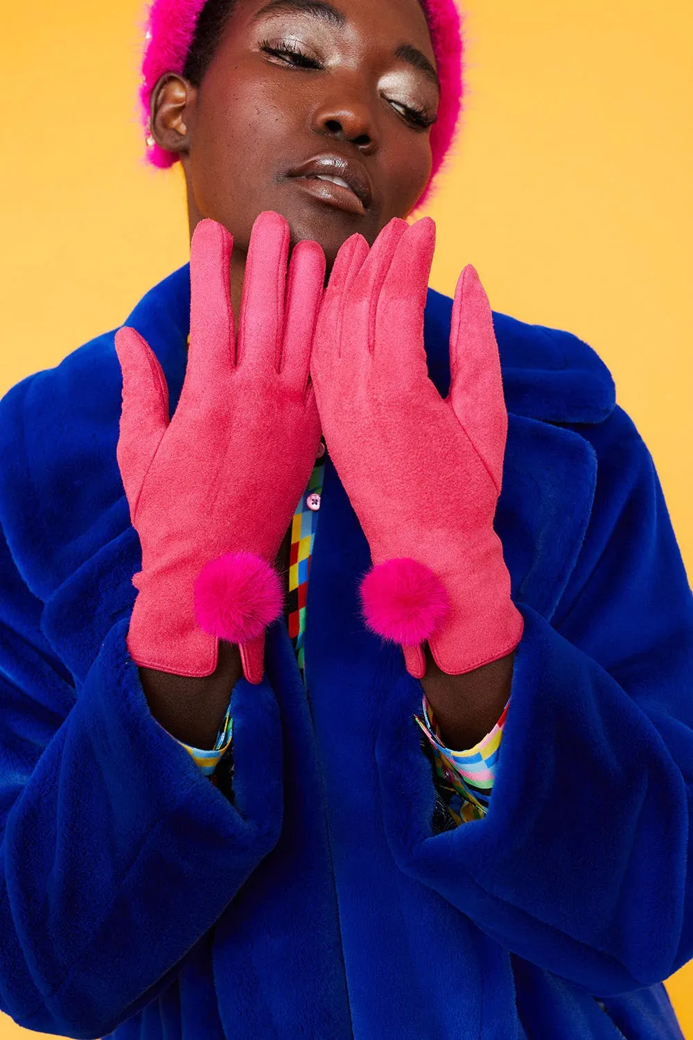 Pink Faux Suede Gloves With Faux Fur Pom