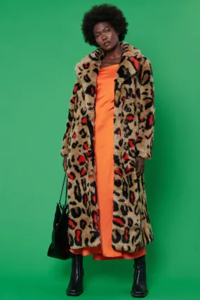 Red Faux Fur Leopard Print Maxi Coat