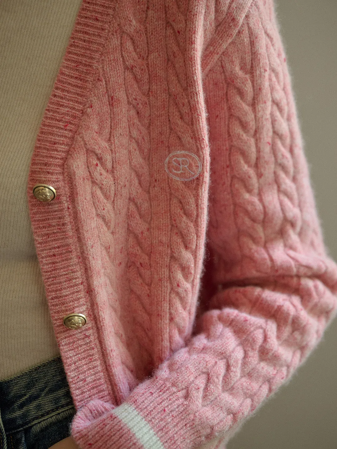 Rosa SR Logo Embroidery V-neck Contrast Striped 100% Wool Cardigan