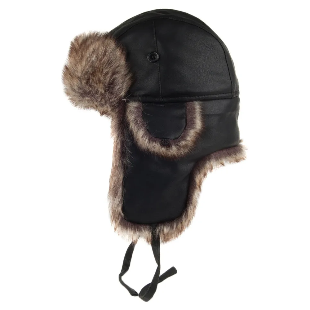 Washed Faux Leather Trapper Hat - Black