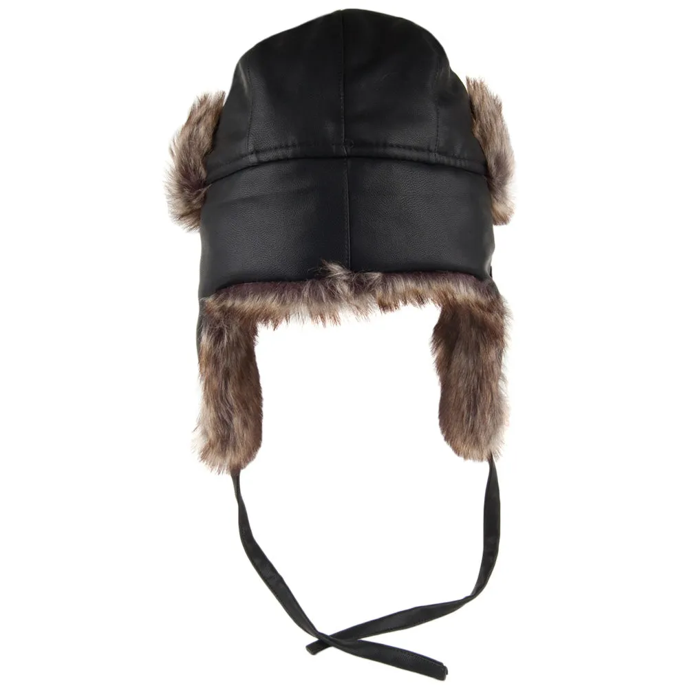 Washed Faux Leather Trapper Hat - Black